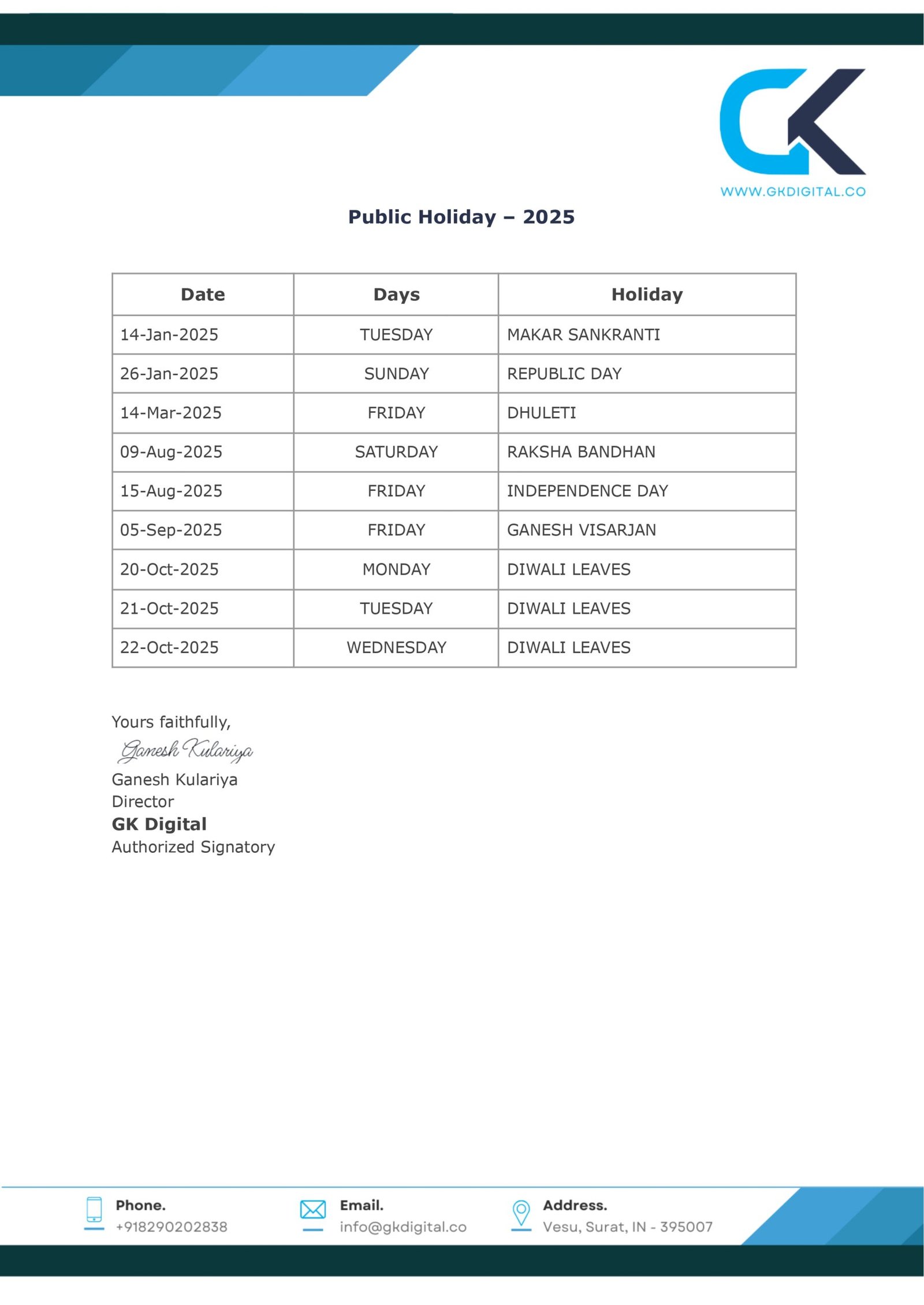 Public Holiday List 2025 - GK Digital